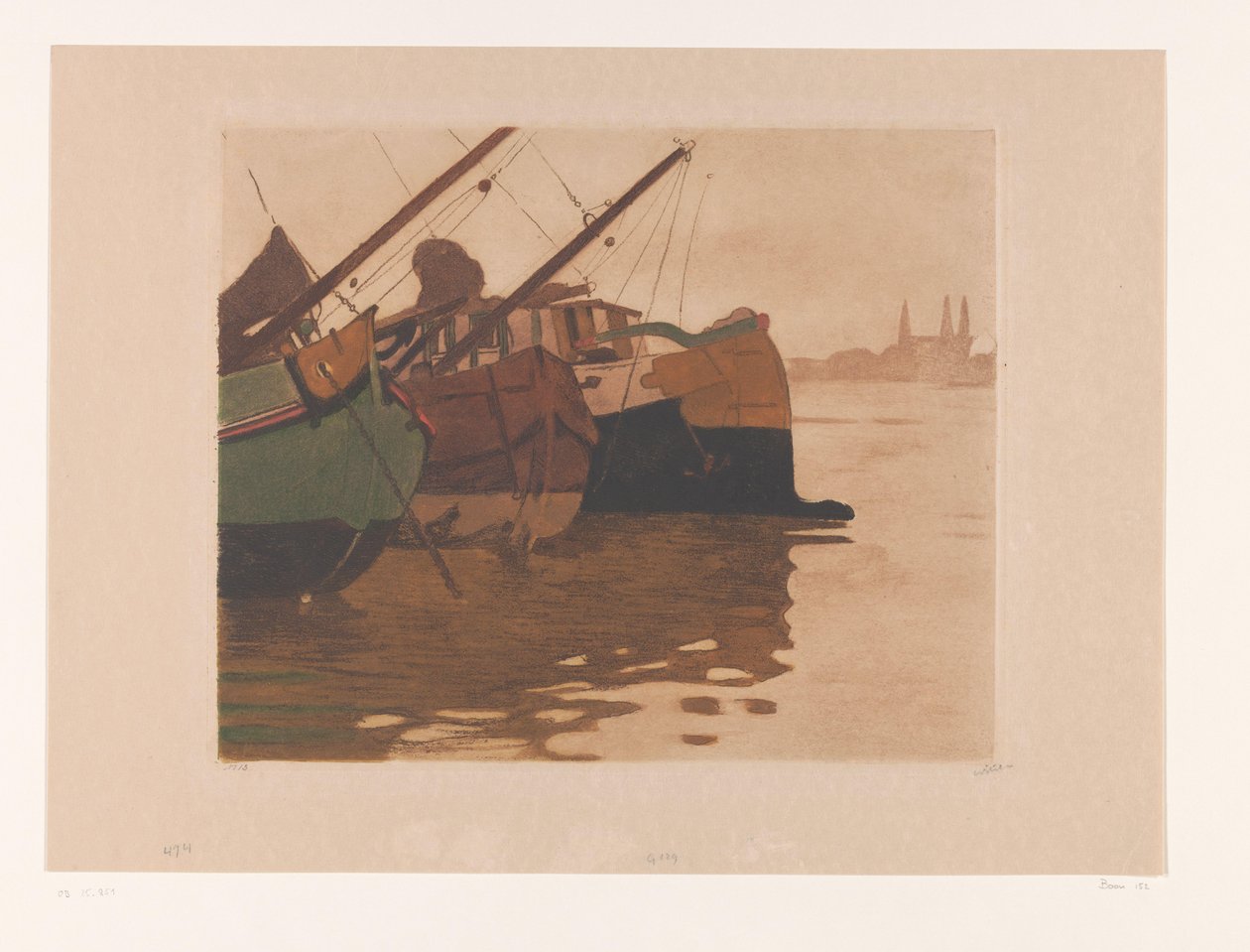Üç kuleli IJ mavnalarında turba gemileri (orijinal başlık) Beş mavna (orijinal başlık) by Willem Witsen (signed by artist)