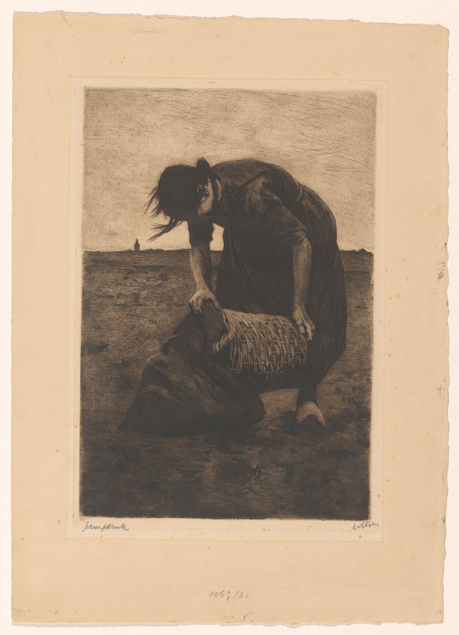 Bir sepet ve çanta ile öne eğilmiş patates hasat makinesi by Willem Witsen (signed by artist)