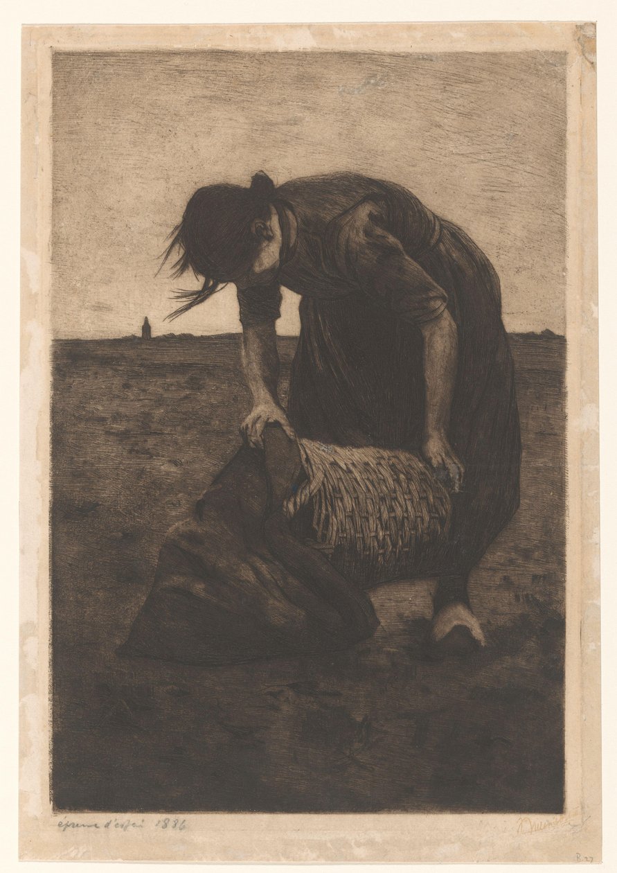 Bir sepet ve çanta ile öne eğilmiş patates hasat makinesi by Willem Witsen (signed by artist)