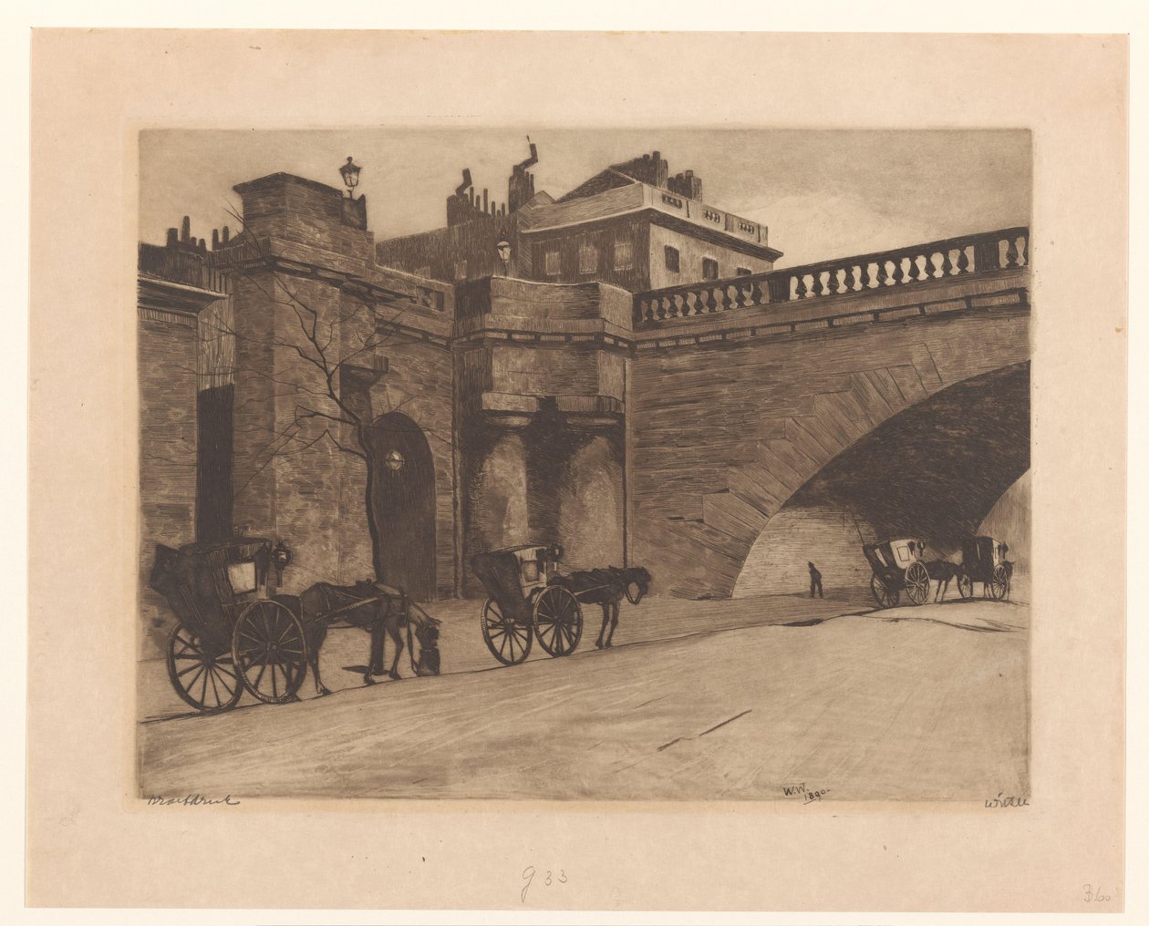 Londra'nın Waterloo Köprüsü'nde bekleyen arabalar by Willem Witsen (signed by artist)