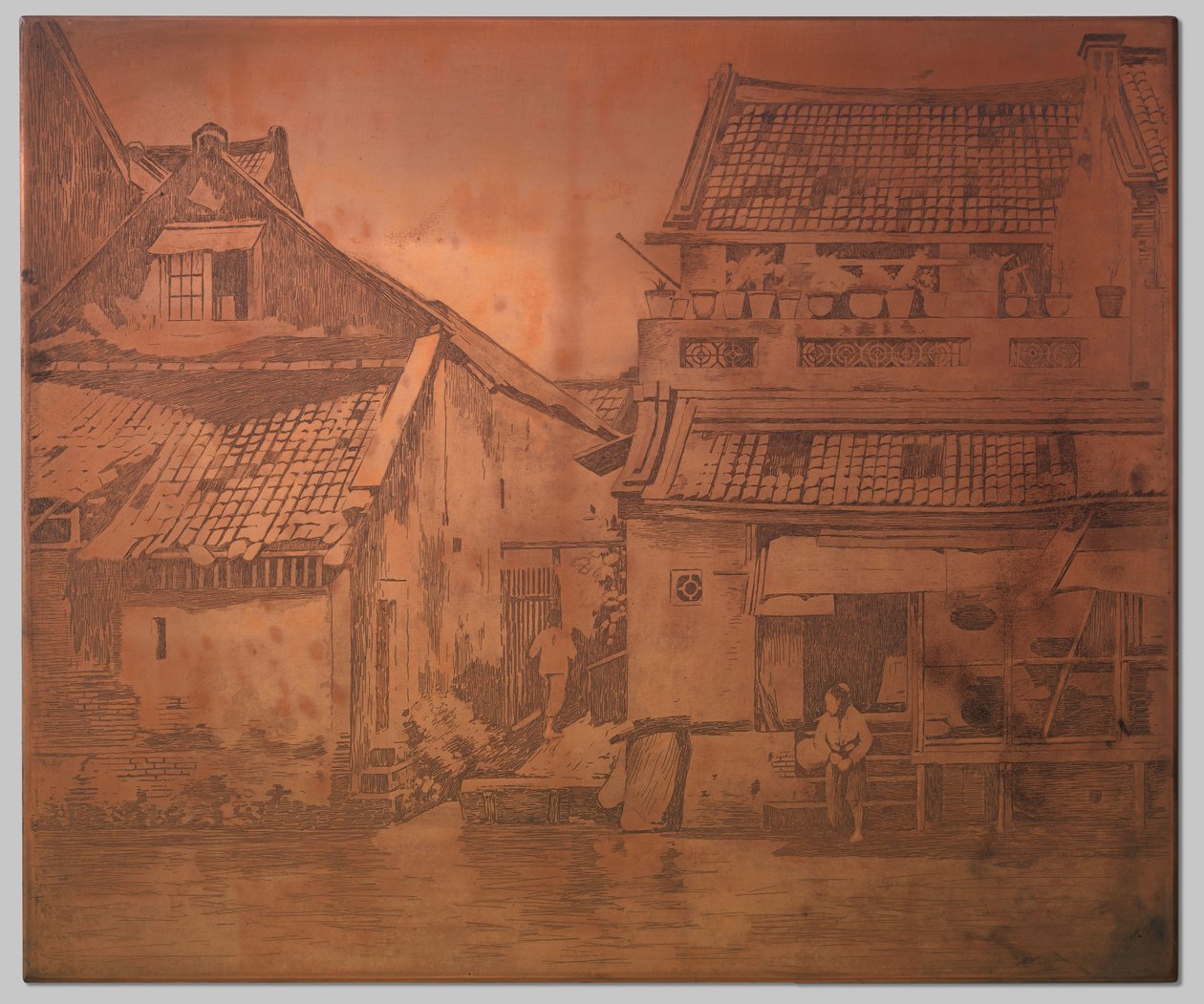 Batavia. Kali üzerinde evler, sağda bir evin merdivenlerinde çamaşırcı by Willem Arnoldus Witsen