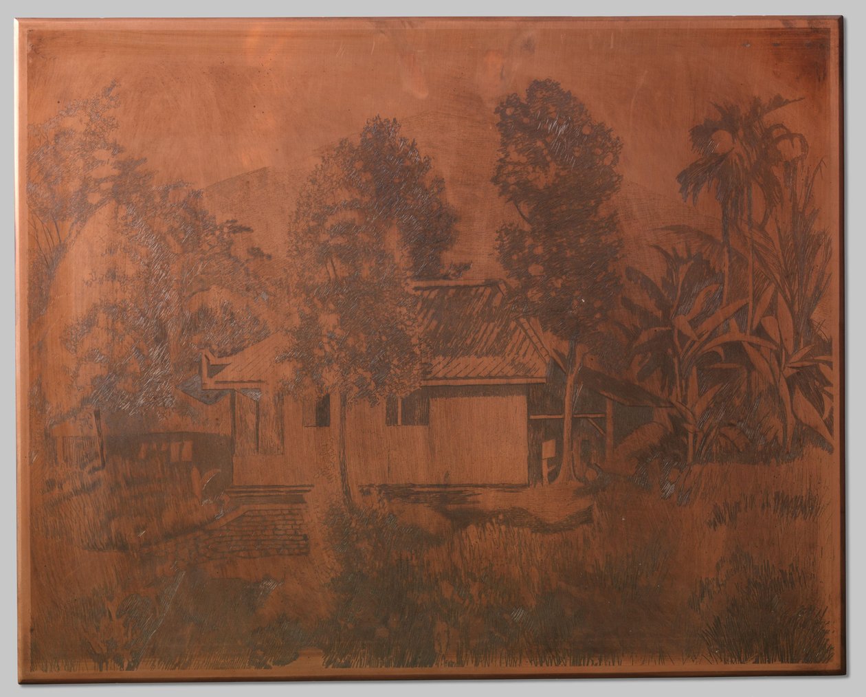 Buitenzorg, arka planda bir yanardağ olan ev by Willem Arnoldus Witsen