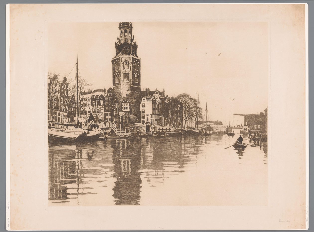 Montelbaanstoren ve kayık ile Amsterdam Oude Schans'taki Montelbaanstoren'in görünümü (orijinal başlık) by Willem Arnoldus Witsen