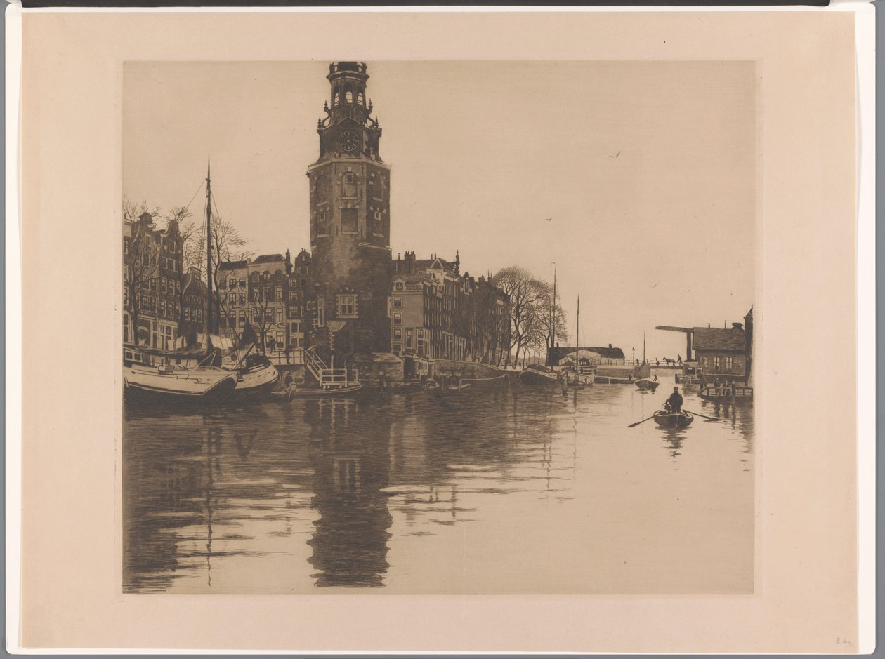 Montelbaanstoren ve kürek teknesi ile Amsterdam Oude Schans'taki Montelbaanstoren'in görünümü (orijinal başlık) by Willem Arnoldus Witsen