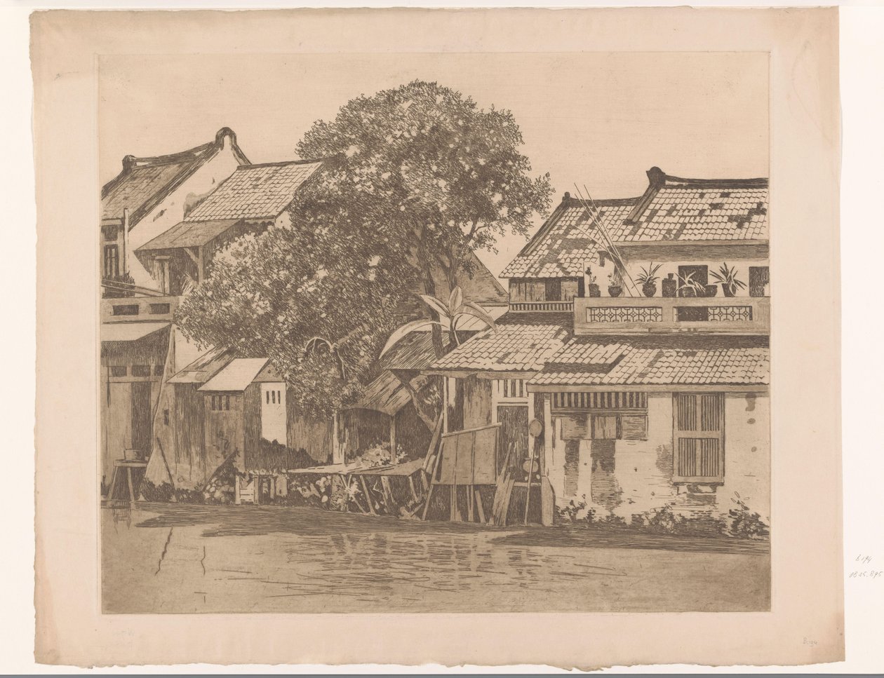 Batavia Huizen aan de kali'de bir nehir üzerindeki evlerin görünümü. Evler arasındaki ağaçlar, Batavia (orijinal başlık) by Willem Arnoldus Witsen