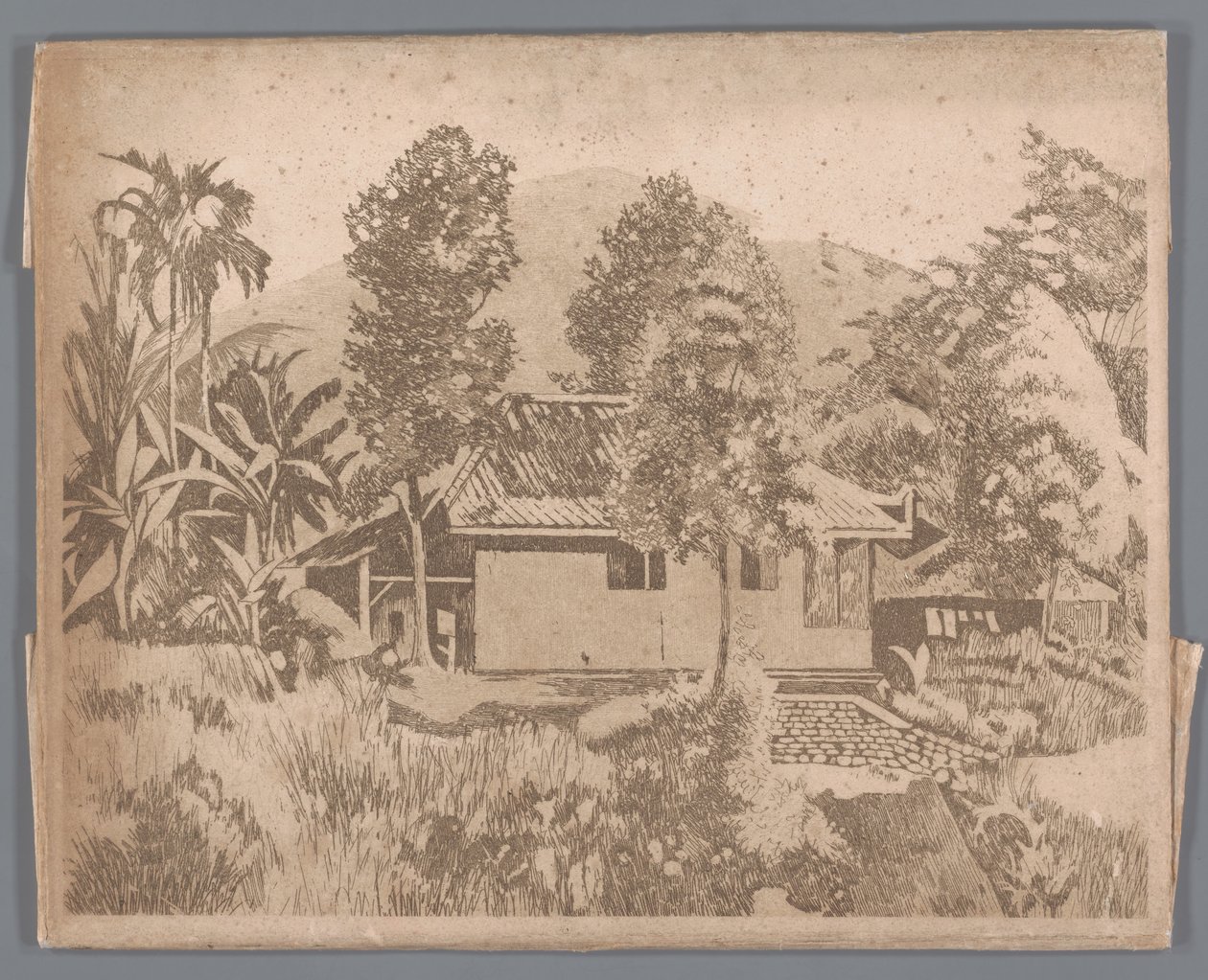 Arka planda yanardağ Salak(?) bulunan ev, Buitenzorg by Willem Arnoldus Witsen