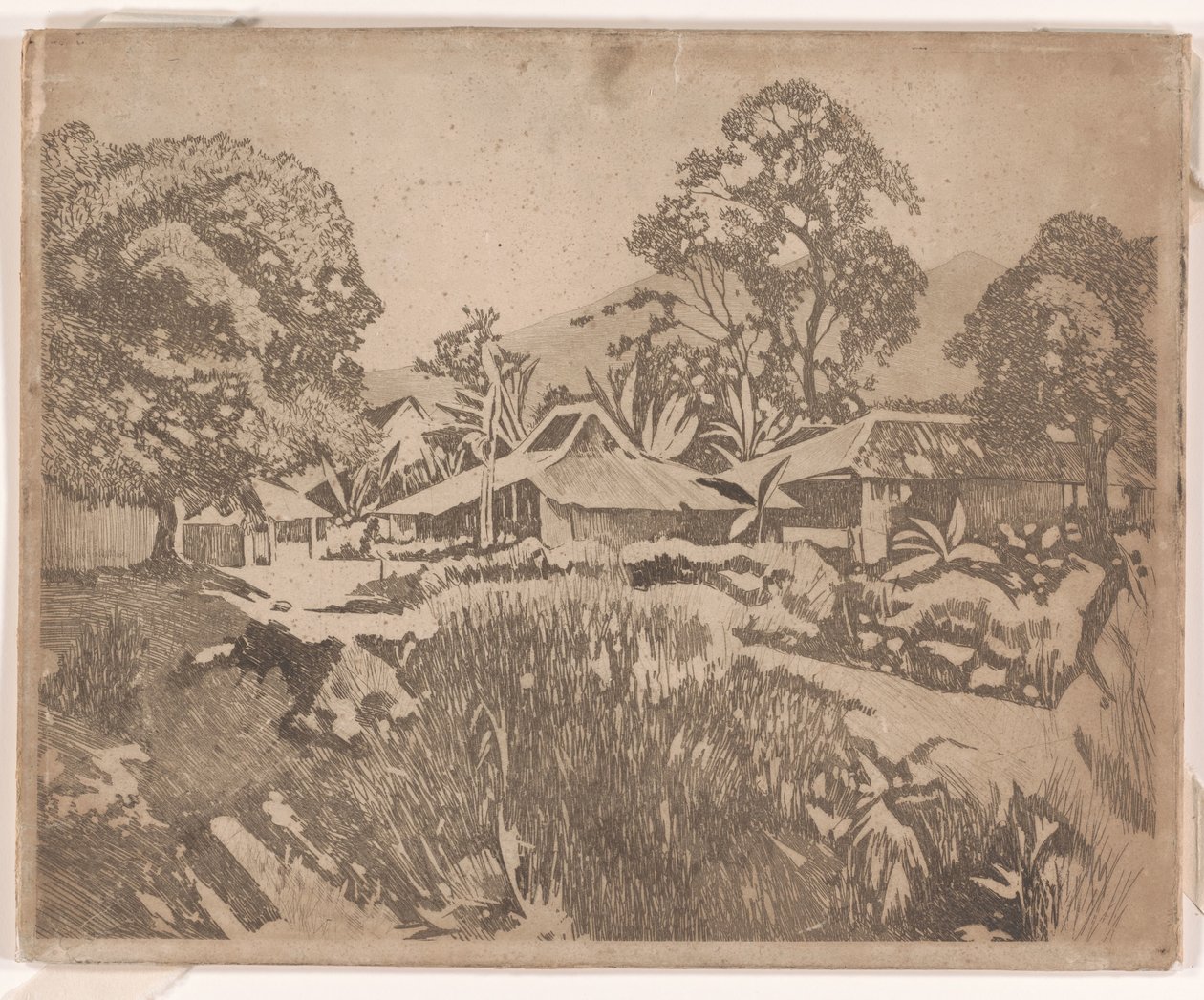 Arka planda Salak ve Gedeh yanardağları olan kampong'daki evler, Buitenzorg by Willem Arnoldus Witsen