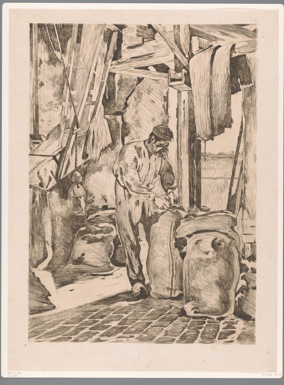 Wijk bij Duurstede un değirmenindeki değirmenci bir çantayı düğmeler. by Willem Arnoldus Witsen