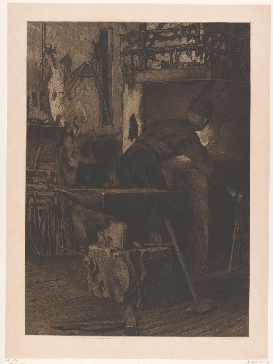 Wijk bij Duurstede'deki bir demirci dükkanında ateşin yanında demirci Ateşli demirci dükkanı (Ocak) (orijinal başlık) by Willem Arnoldus Witsen