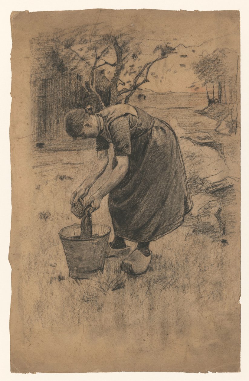 Kadın bir çiftliğin önünde bir kovada çamaşırları duruluyor. by Willem Arnoldus Witsen