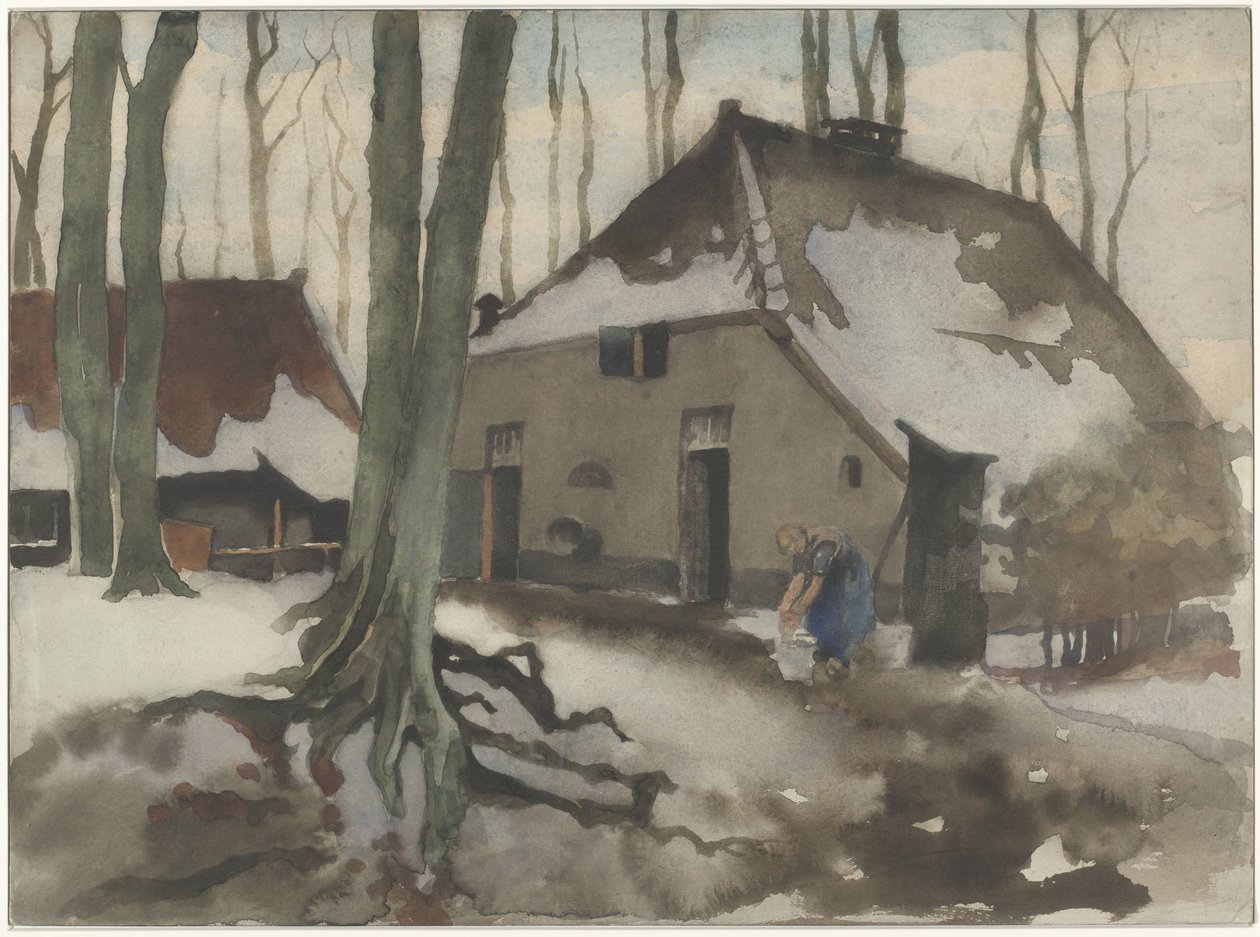 Karlı bir ormanda bir evin önünde kadın by Willem Arnoldus Witsen