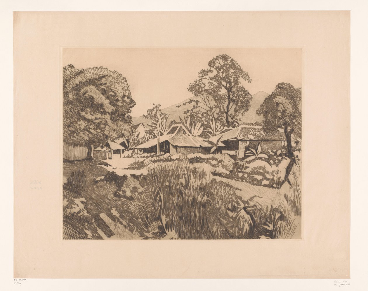 Bogor'daki Salak ve Gede yanardağlarının önündeki evler Kampong'daki evler, arka planda Salak ve Gedeh yanardağları, Buitenzorg (orijinal başlık) by Willem Arnoldus Witsen