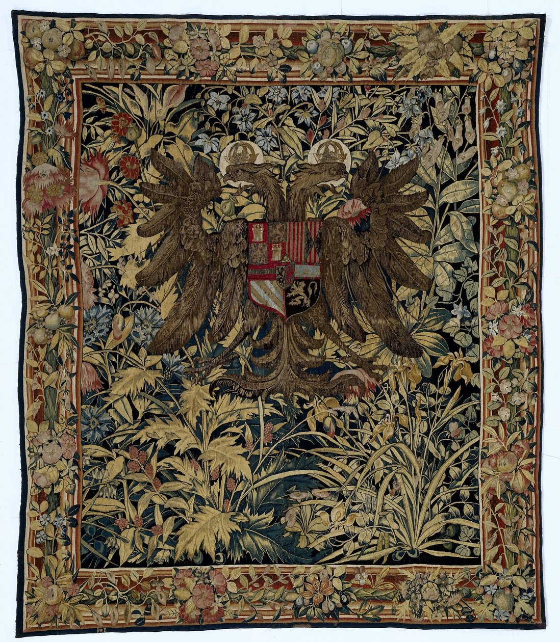 İmparator Charles V Verdure'nin arması ile İmparator Charles V'nin arması olan goblen by Willem de Pannemaker