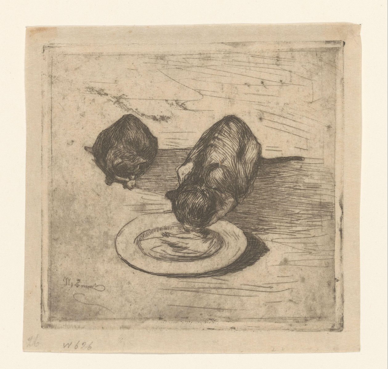 İki kedi, biri tabaktan su içiyor İki amcık (orijinal başlık) by Willem de Zwart