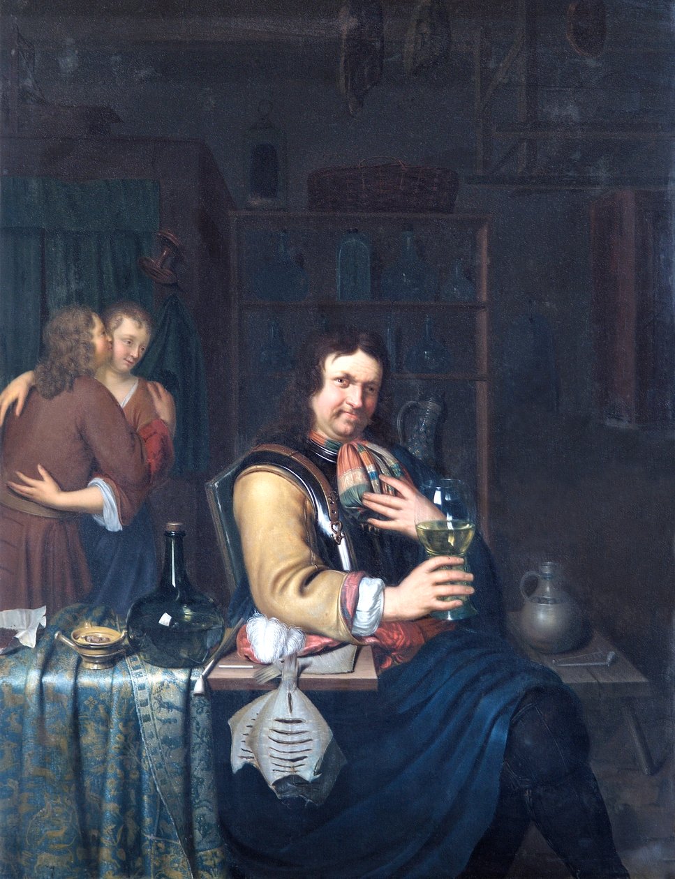 Bir Şövalye İçme ve Bir Çiftin Kucaklaşması ile İç Mekan, 1690-1700 dolayları (meşe panel üzerine yağlı boya) by Willem Van Mieris