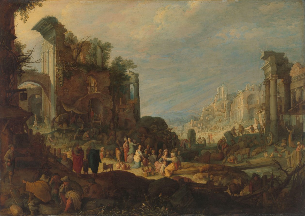 Kuyuda Rebecca ve Eliezer ile Roma Harabeleri Arasındaki Gezginler by Willem van Nieulandt (II) (attributed to)