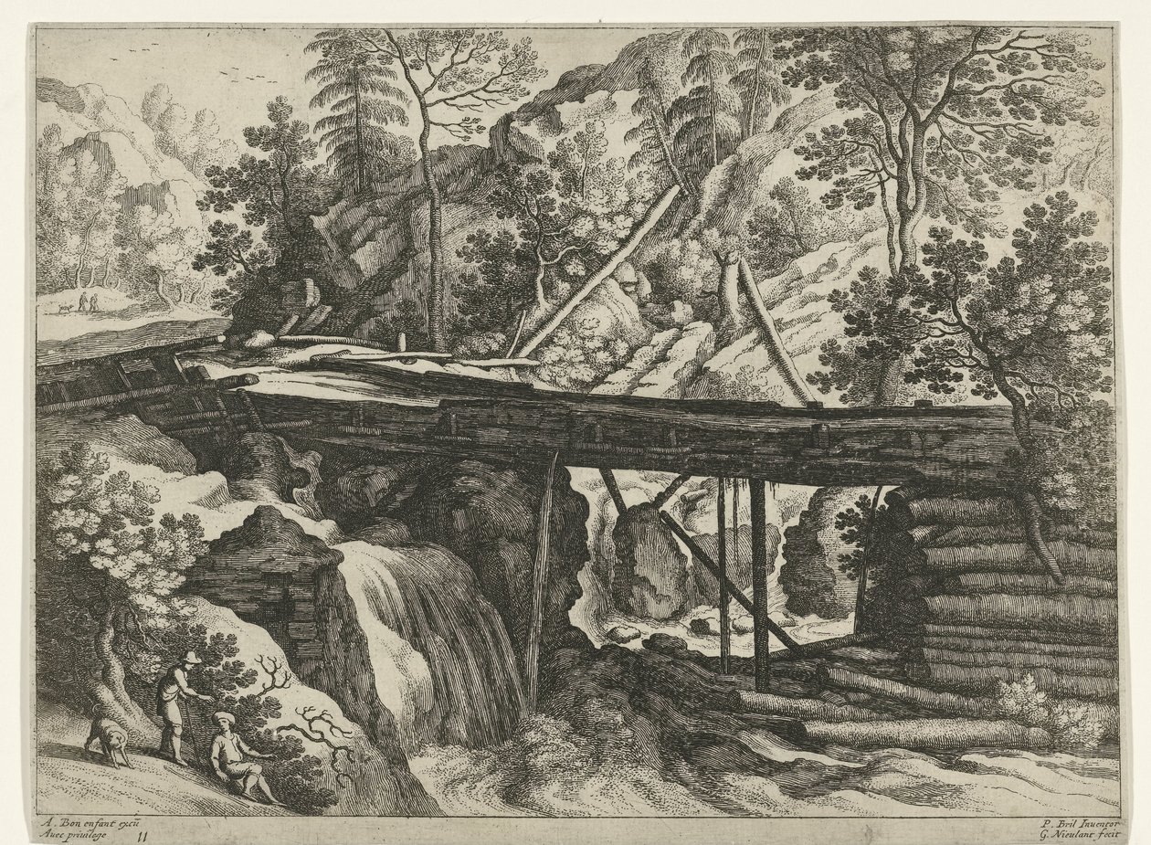 Ahşap su kemeri ile dağ manzarası İtalyan manzaraları (dizi başlığı) by Willem van Nieulandt (II)
