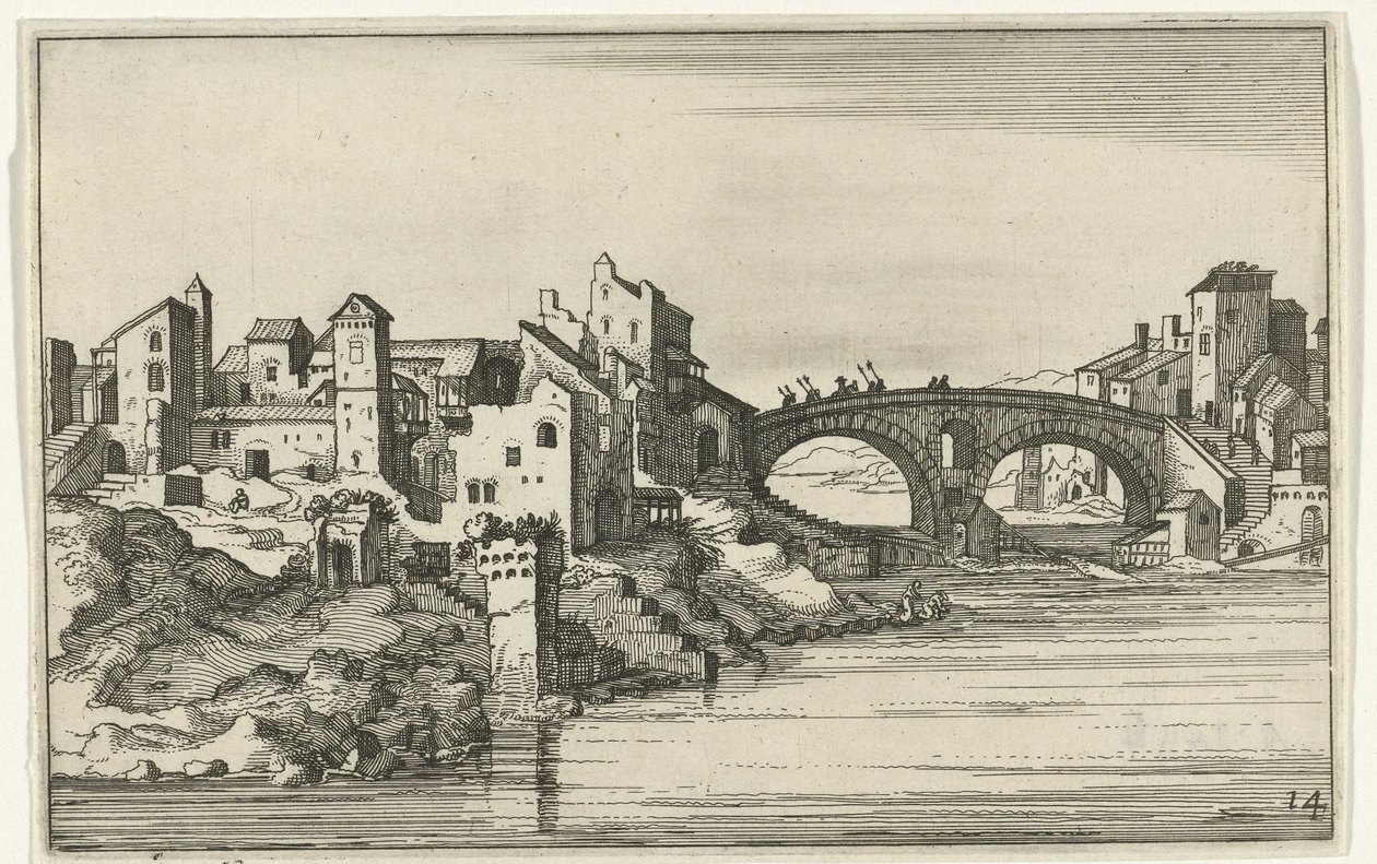 Nehrin üzerindeki köprü Roma kalıntıları ve kıyı manzaraları (dizi 1) (dizi başlığı) by Willem van Nieulandt (II)