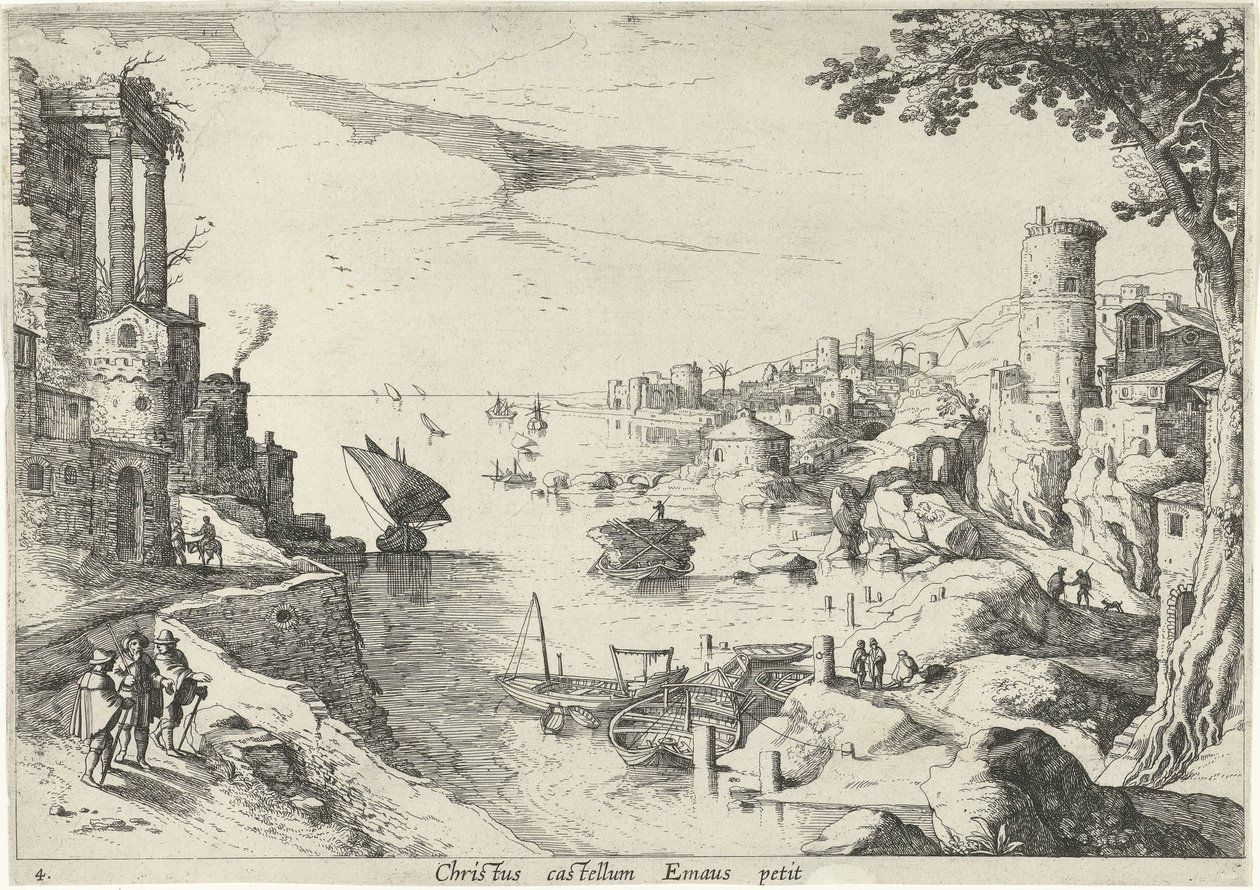 Emmaus Gezginleri ile Manzara Christ castellum Emaus petit (nesne üzerindeki başlık) İncil Sahneleri ile İtalyan Manzaraları (dizi başlığı) by Willem van Nieulandt (II)