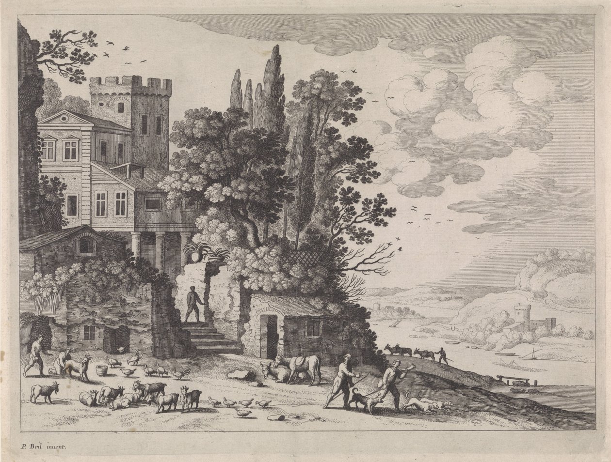 Bir ev, rakamlar ve sığır ile manzara by Willem van Nieulandt (II)