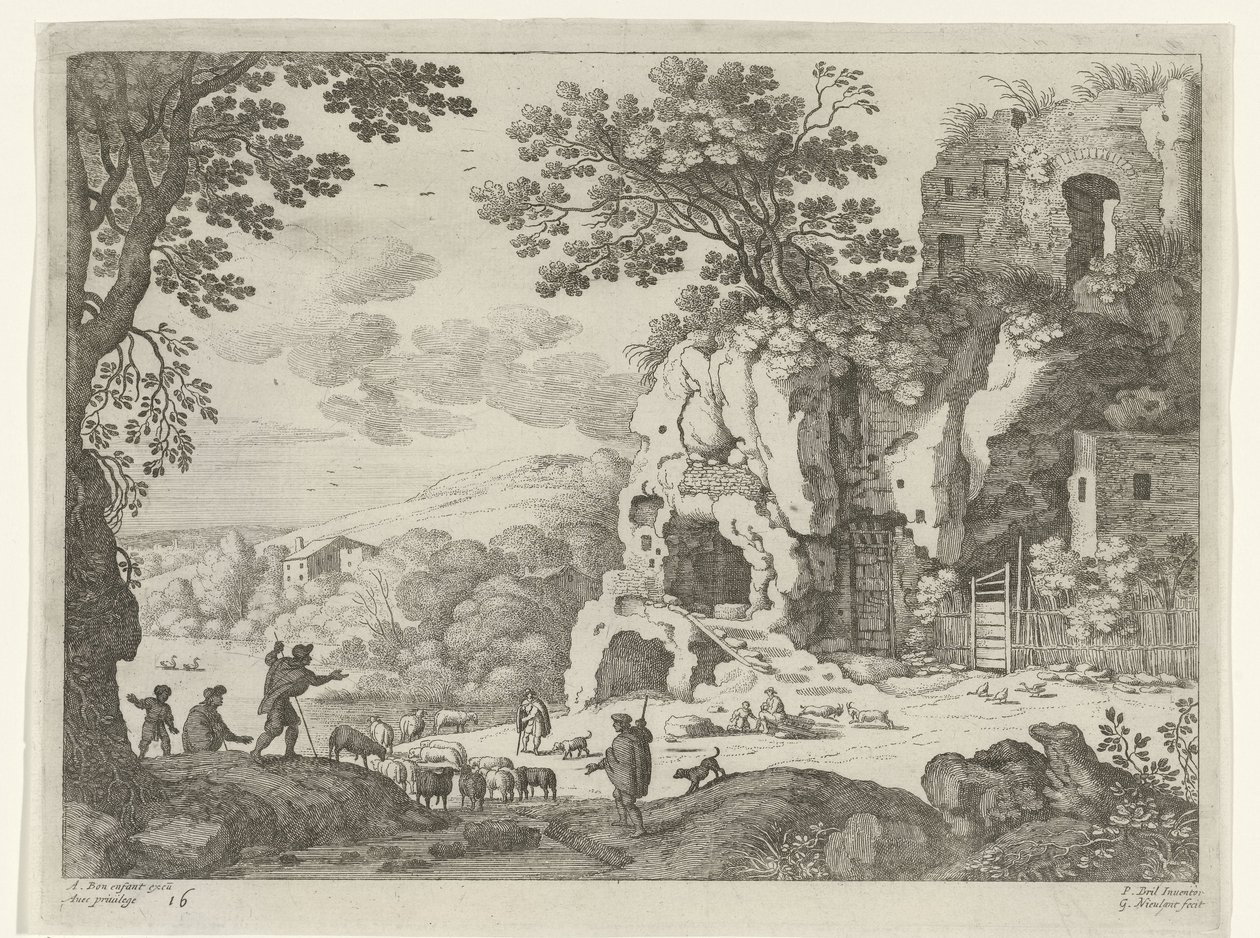 Bir harabe ile manzara İtalyan manzaraları (dizi başlığı) by Willem van Nieulandt (II)