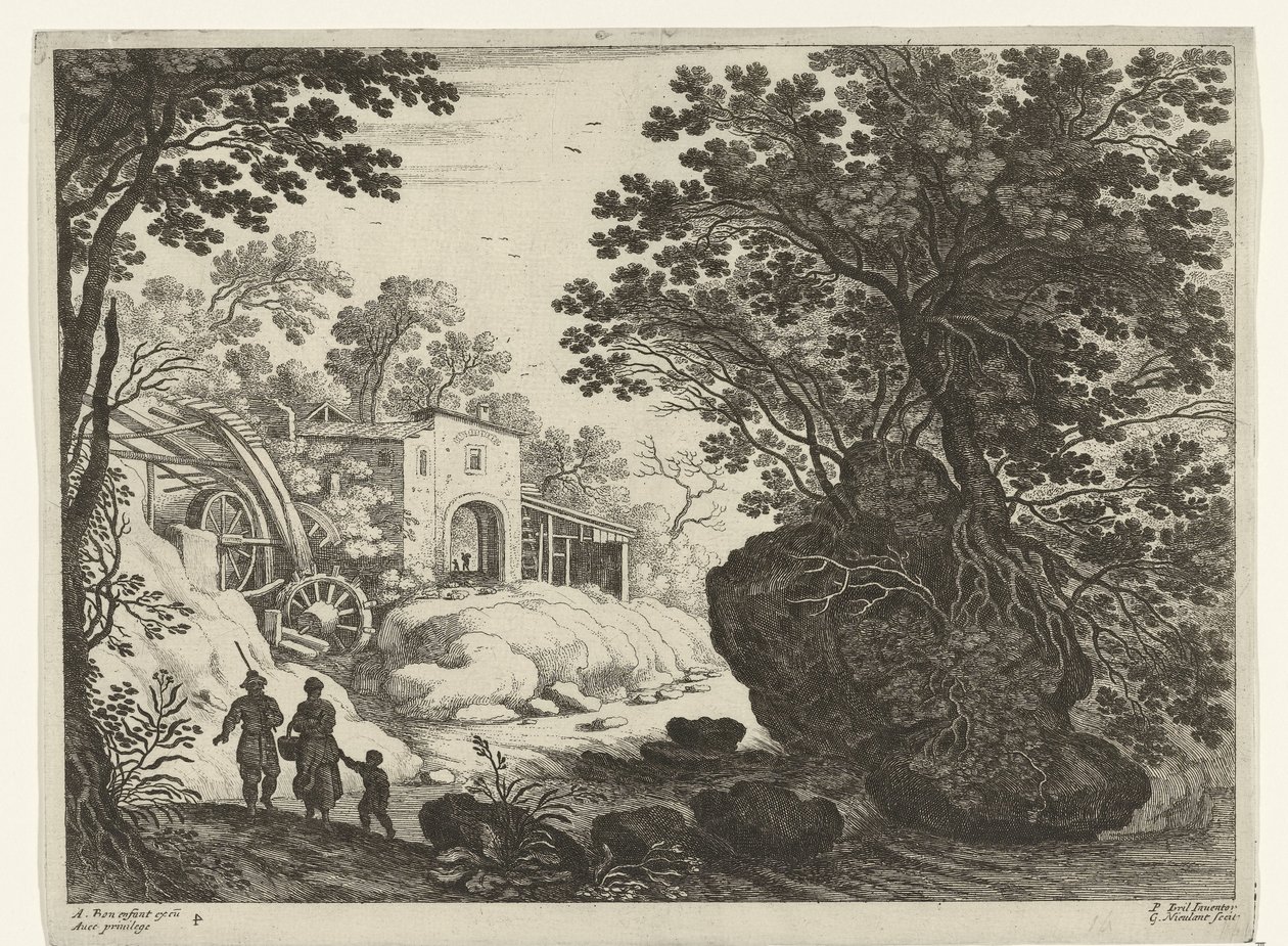 Çift ve çocuk su değirmeninde İtalyan manzaraları (dizi başlığı) by Willem van Nieulandt (II)
