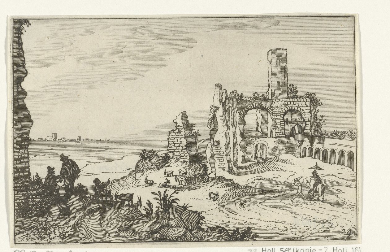 Su üzerinde kemerler ve bir kule ile harabe Roma kalıntıları ve kıyı manzaraları (dizi 1) (dizi başlığı) by Willem van Nieulandt (II)