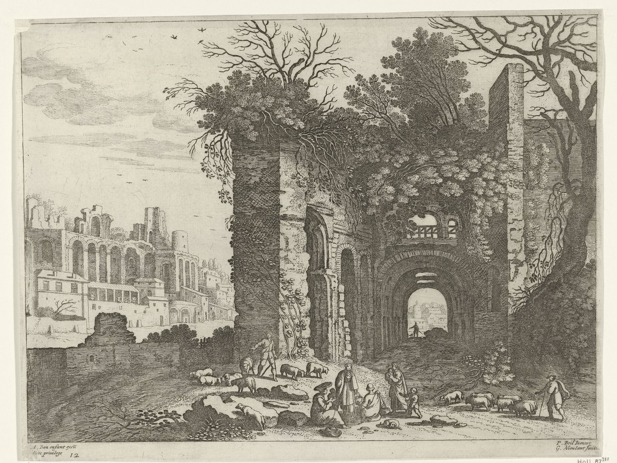 Aile bir harabenin önünde dinleniyor İtalyan manzaraları (dizi başlığı) by Willem van Nieulandt (II)