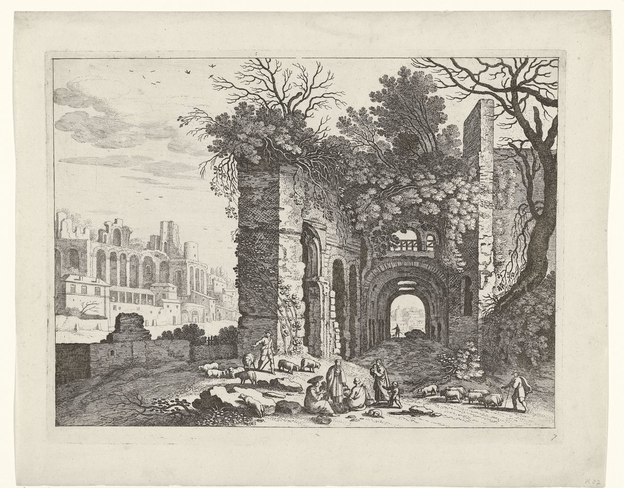 Aile bir harabenin önünde dinleniyor İtalyan manzaraları (dizi başlığı) by Willem van Nieulandt (II)