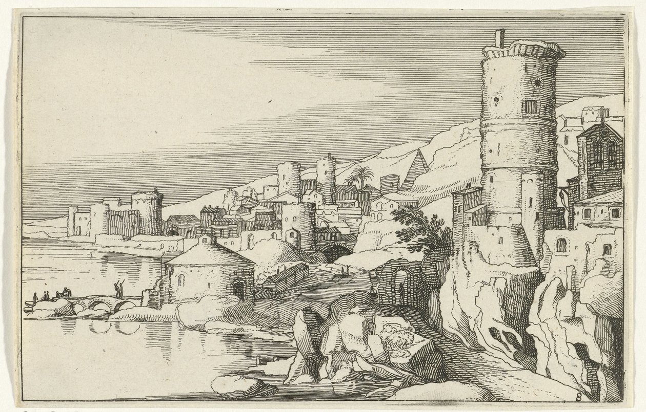 Su üzerinde kuleleri olan şehir Roma kalıntıları ve kıyı manzaraları (dizi 1) (dizi başlığı) by Willem van Nieulandt (II)