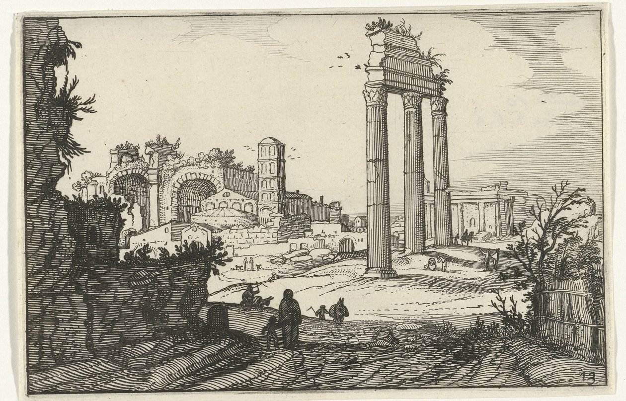 Castor ve Pollux Tapınağı ve Konstantin Bazilikası Roma kalıntıları ve kıyı manzaraları (dizi 1) (dizi başlığı) by Willem van Nieulandt (II)