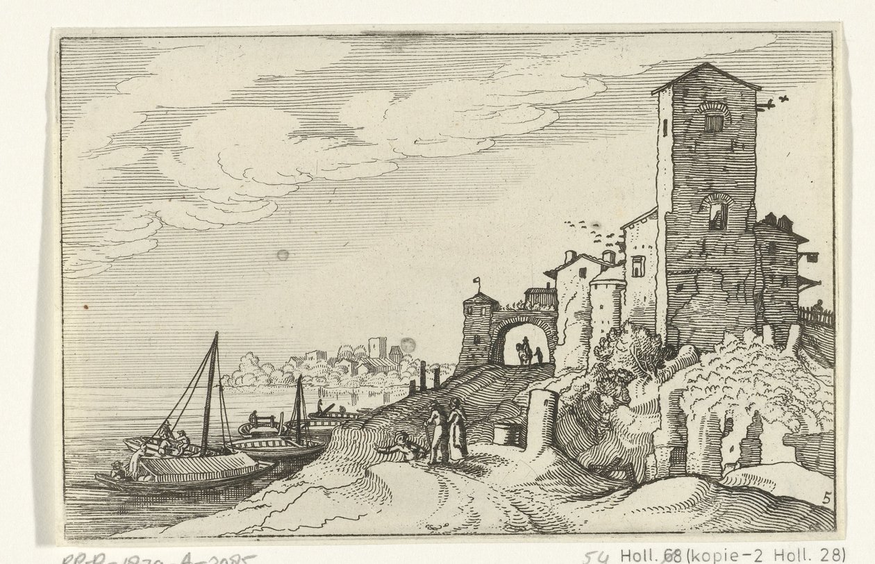 Sahilde kule ve kapı Roma kalıntıları ve kıyı manzaraları (dizi 1) (dizi başlığı) by Willem van Nieulandt (II)