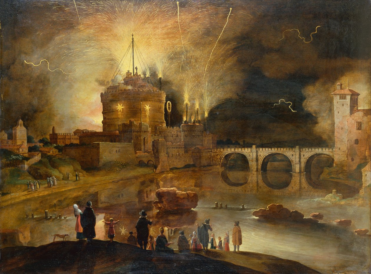 Kasaba halkı ile Geceleri Havai Fişek Gösterisi izlerken Castel Sant Angelo, Roma (panelde yağ) by Willem van Nieulandt