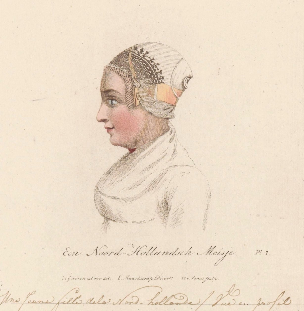 Kuzey Hollandalı bir kızın başlığı, 1816 Kuzey Hollanda Kızı / Une Jeune fille de la Nord-hollande / Vue en profil (nesnedeki başlık) by Willem van Senus