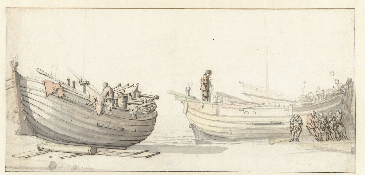 Figürlü iki balıkçı teknesinin incelenmesi by Willem van de Velde (II) (attributed to)