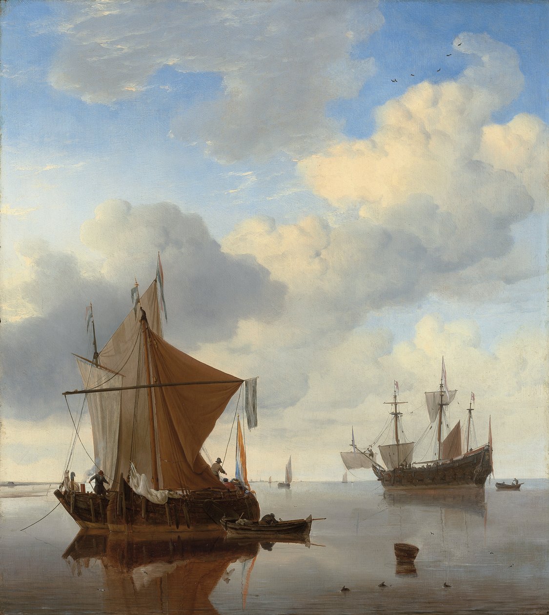 Bir sakin - ötesinde bir İngiliz adam-o"-savaş ile demirlemiş bir smalschip ve bir kaag by Willem van de Velde