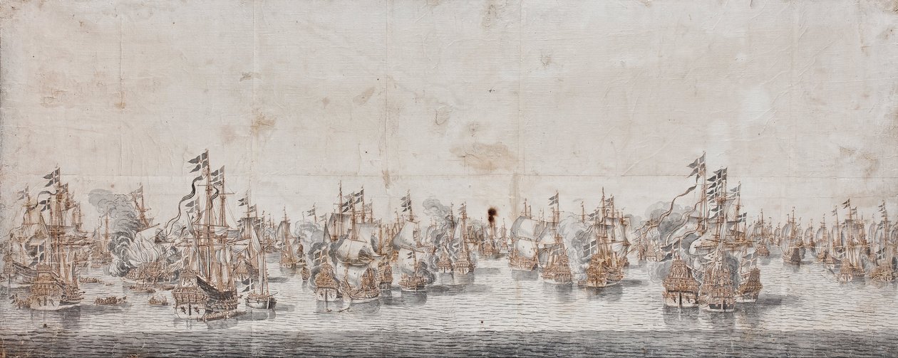 Fehmarn Savaşı, c.1650 (kağıt üzerinde mürekkep ve yıkama) by Willem van de Velde