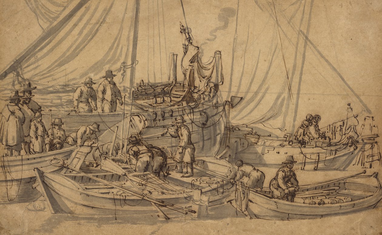 Küçük Tüccar Gemilerindeki Figürler, c.1650-5 (kalem, kahverengi mürekkep ve yıkama çizimi) by Willem van de Velde