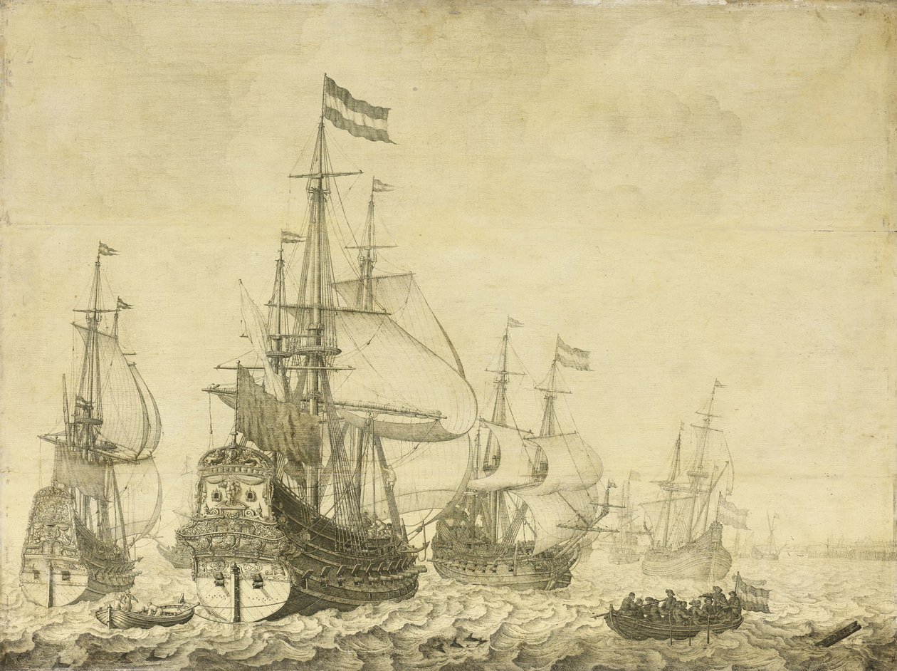 Drenthe ve Prens Frederick-Henry dahil Hollandalı Savaş Adamları ile deniz manzarası, c.1670 (panelde resim) by Willem van de Velde