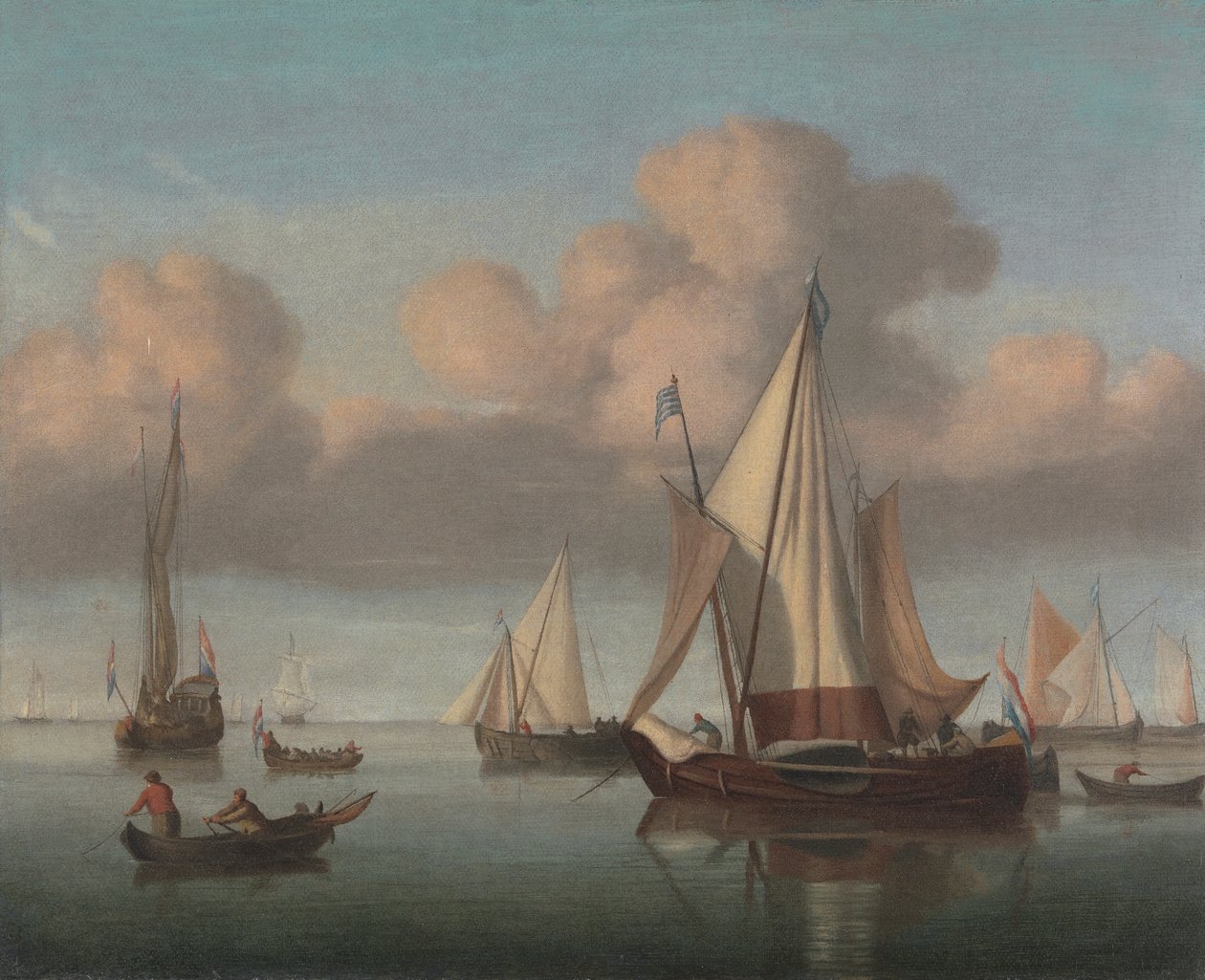 Yelkenleri Çekilmiş Demirde Bir Kaag, Devlet Yatı ve Diğer Gemiler by Willem van de Velde the Younger