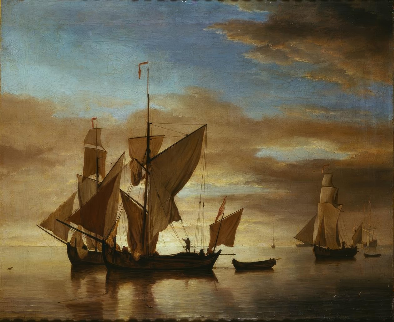 Akşam ışığında sakin denizlerde gemiler by Willem van de Velde the Younger