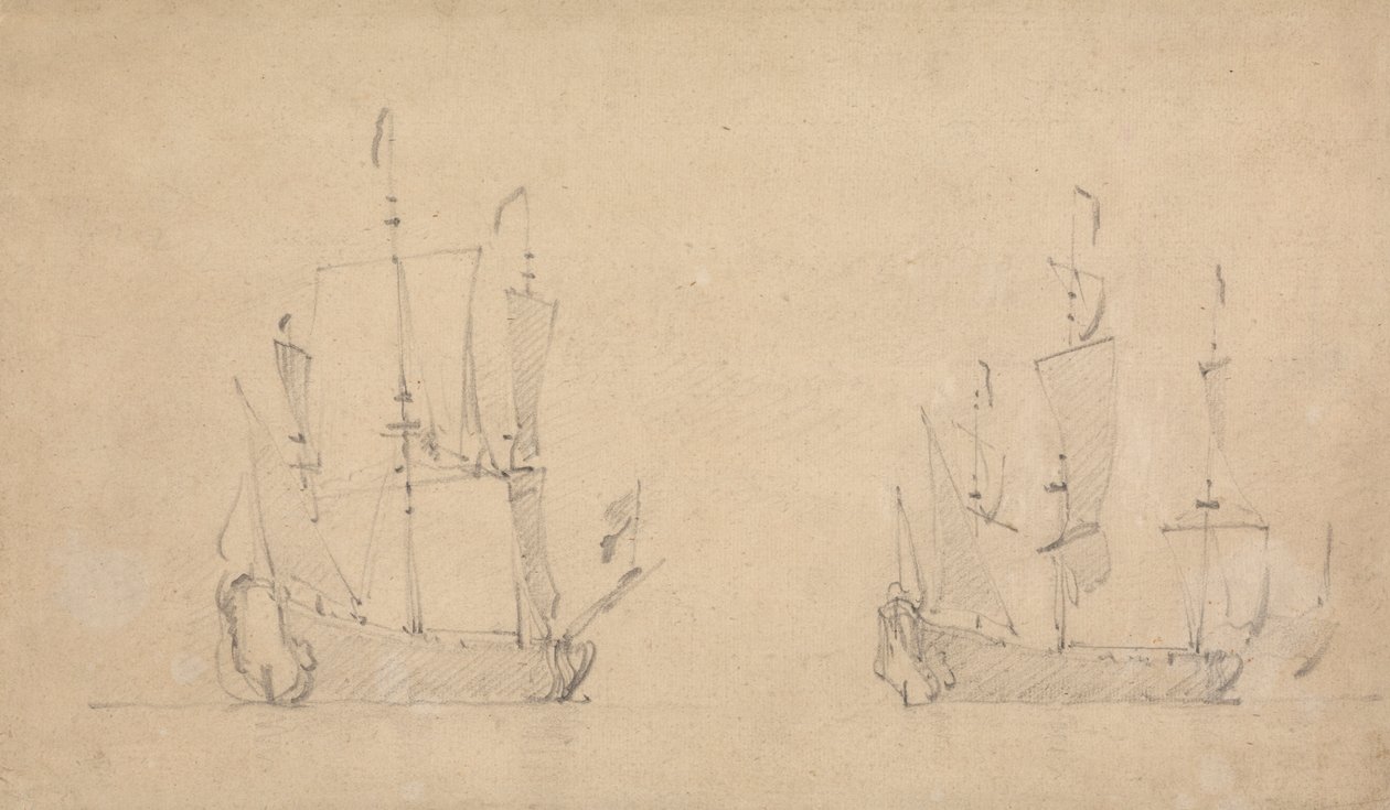 Hafif havalarda bir Amiral Gemisinin sancak tarafı görünümü ve diğerinin benzer görünümü by Willem van de Velde the Younger