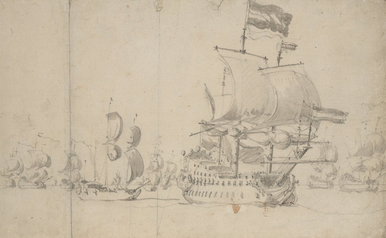 Kamarasında bir sevkiyat gemisi bulunan bir Hollanda amiral gemisi, Mayıs 1672, c.1672 (kurşun kalem, yıkama) by Willem van de the Elder Velde