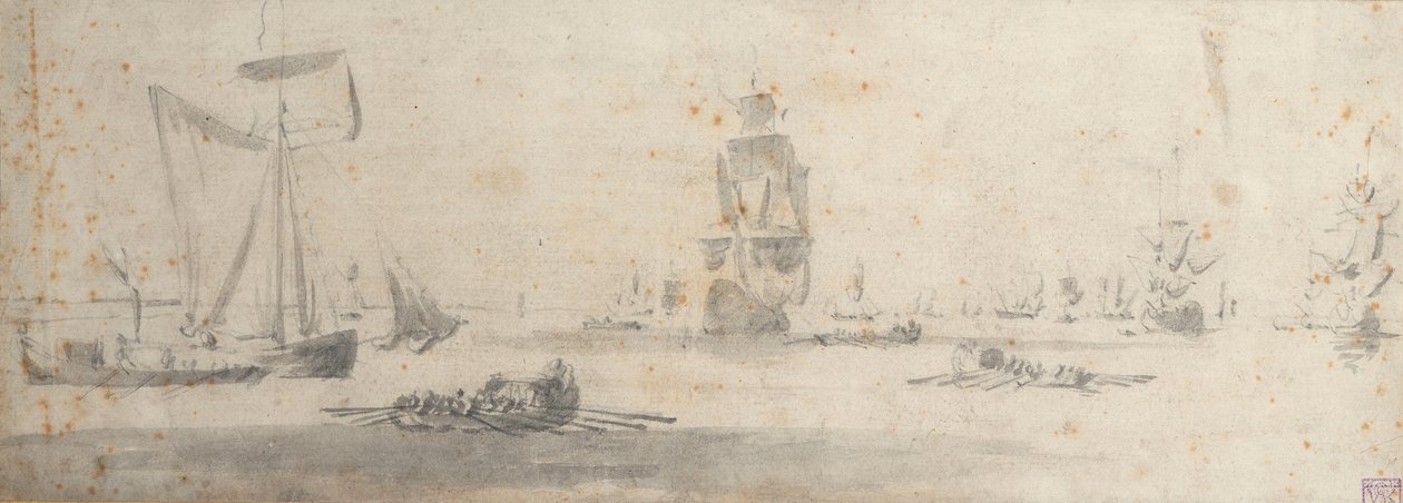 Hafif havada bir galliot ve birkaç mavna, c.1681 (grafit, gri yıkama) by Willem van de the Elder Velde
