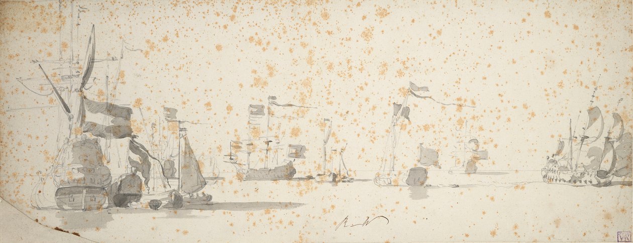 Bir devlet yatı ve demir atmış Hollanda gemileri, 1664 civarı (grafit, gri yıkama) by Willem van de the Elder Velde