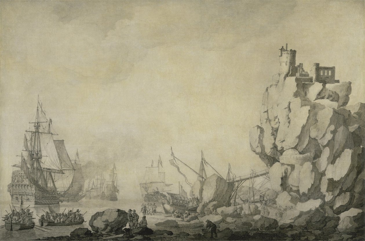 Kayalık bir kıyıdaki gemiler ve milisler, 1680 dolayları (hazırlanmış tuval üzerine kalem ve mürekkep) by Willem van de the Elder Velde