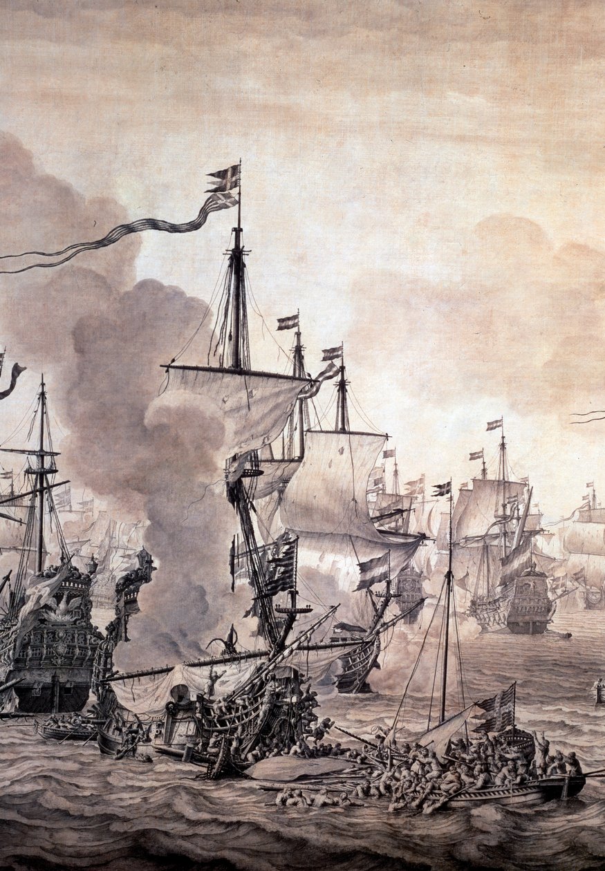 Hollanda ve İsveç filoları arasındaki Ses Savaşı, 8 Kasım 1658. Detay - Yağlıboya ve Mürekkepli Tablo by Willem van de the Elder Velde