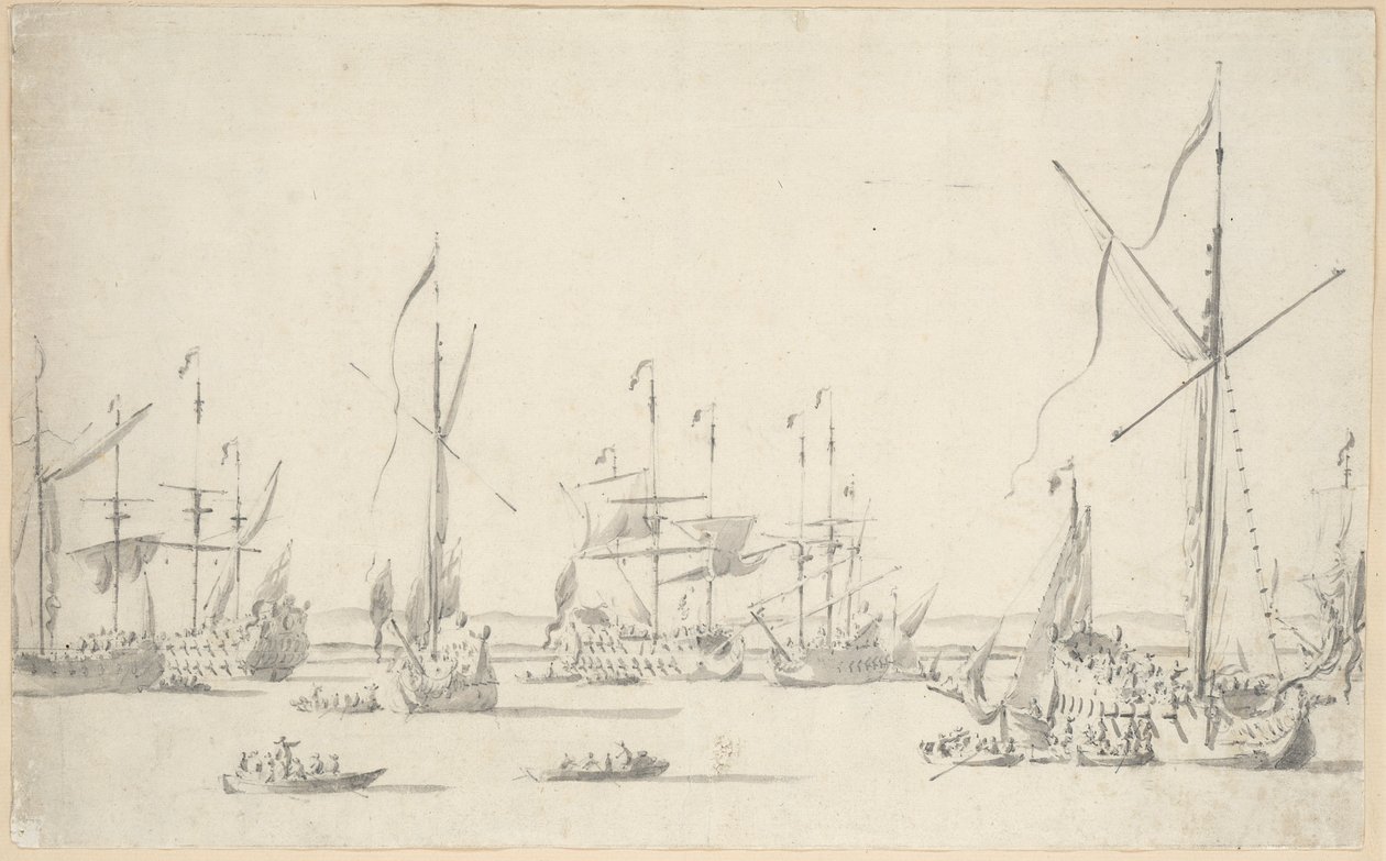 Sheerness yakınlarında demirli yatlar ve gemiler, c.1677 (grafit, gri yıkama) by Willem van de the Elder Velde