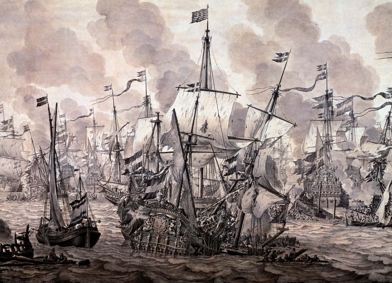 Hollanda ve İsveç filoları arasındaki Ses Savaşı, 8 Kasım 1658. Detay - Yağlıboya ve Mürekkep boyama by Willem van de the Elder Velde