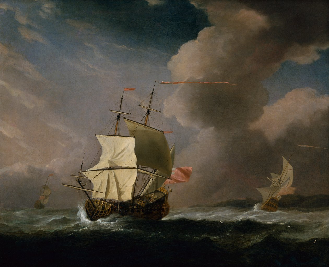 Arka planda başka bir Gemi ile Şiddetli Rüzgarda Bir İngiliz İki Katlı (tuval üzerine yağlı boya) by Willem van de Velde the Younger